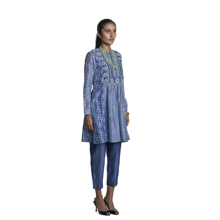 Krishna Mehta Blue Chanderi Floral Printed Tunic (Set of 2)