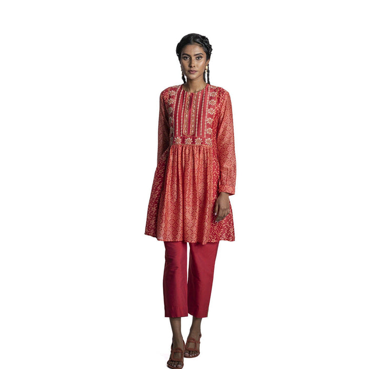 Krishna Mehta Red Chanderi Floral Printed Tunic (Set of 2)