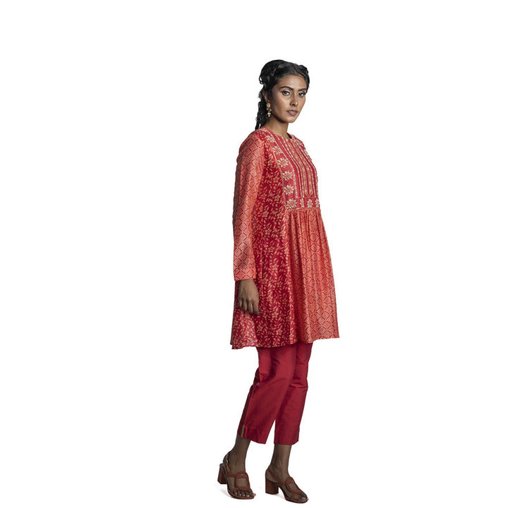 Krishna Mehta Red Chanderi Floral Printed Tunic (Set of 2)