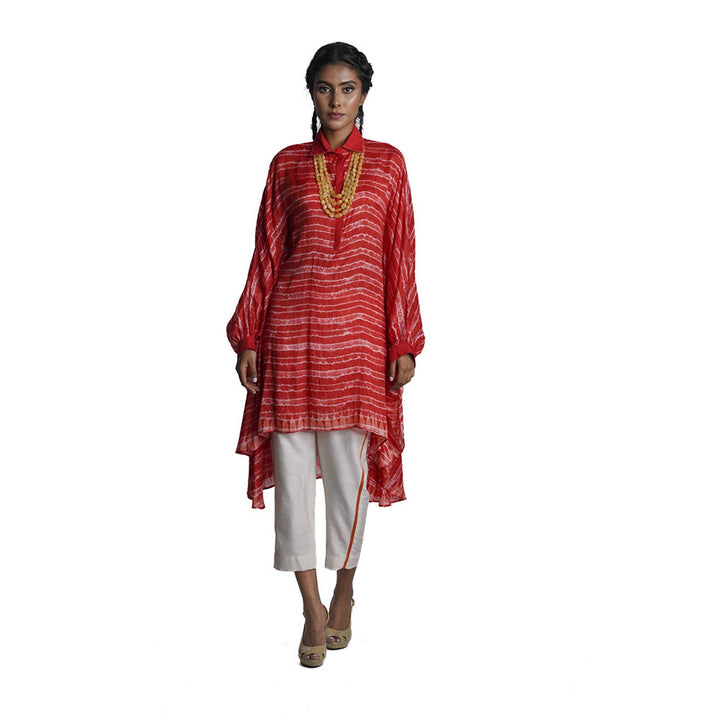 Krishna Mehta Red Printed Chanderi Asymmetric Kaftan (Set of 2)