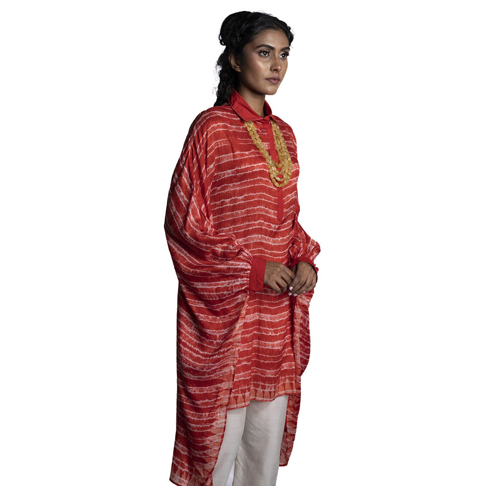 Krishna Mehta Red Printed Chanderi Asymmetric Kaftan (Set of 2)