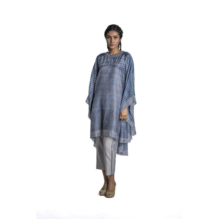 Krishna Mehta Blue Chanderi Asymmetric Printed Kaftan (Set of 2)