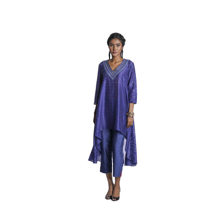 Krishna Mehta Navy Blue Printed Asymmetric Kurta (Set of 2)
