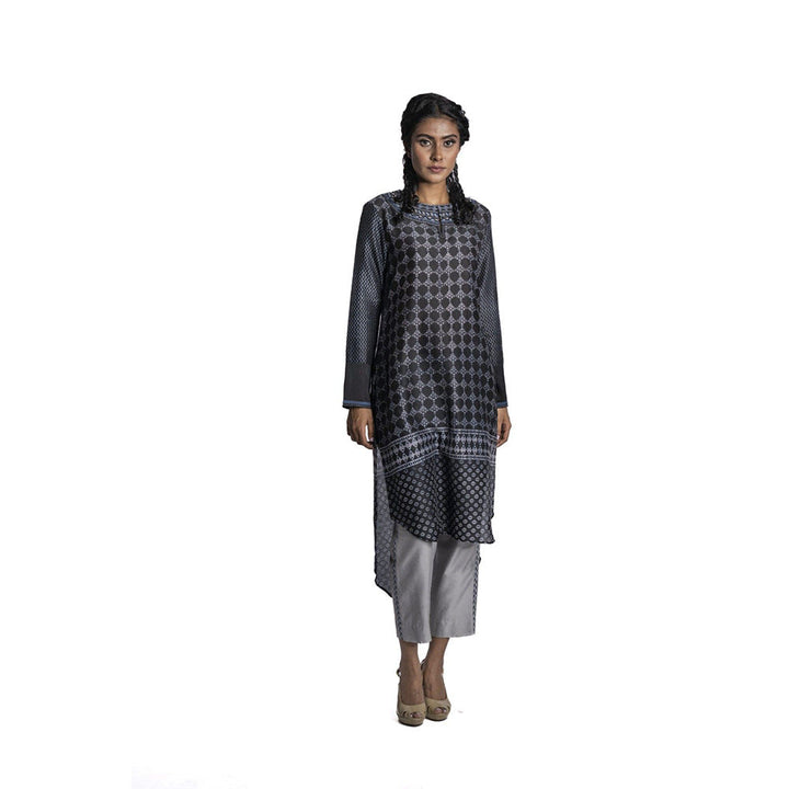 Krishna Mehta Black Chanderi Asymmetric Printed Kurta (Set of 2)