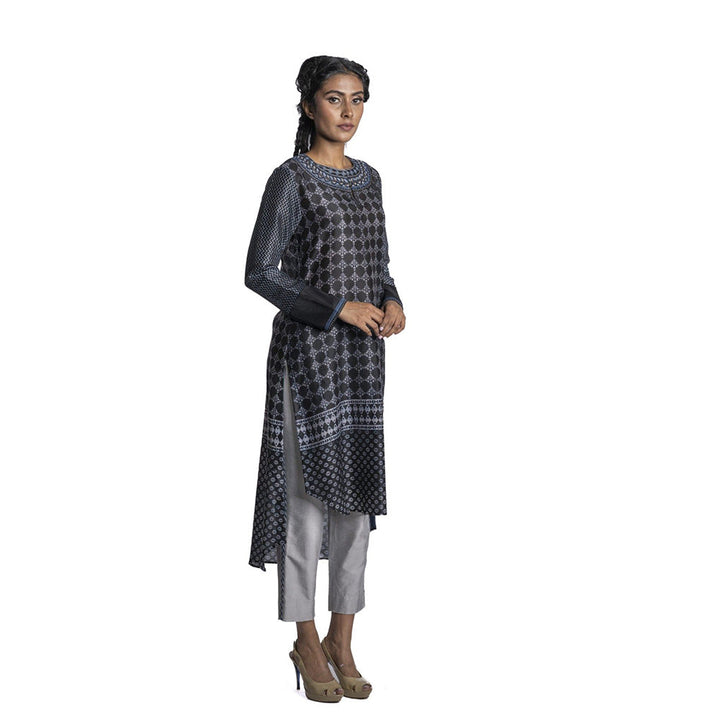 Krishna Mehta Black Chanderi Asymmetric Printed Kurta (Set of 2)