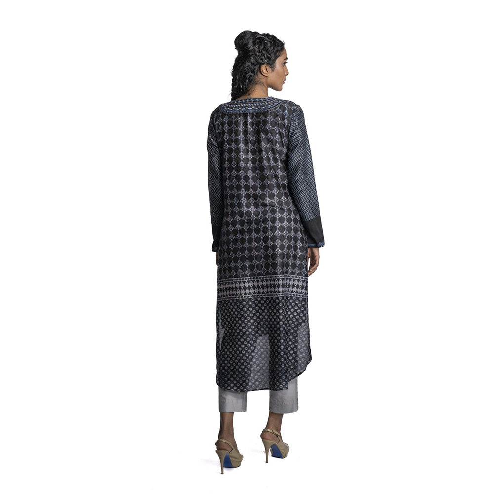 Krishna Mehta Black Chanderi Asymmetric Printed Kurta (Set of 2)