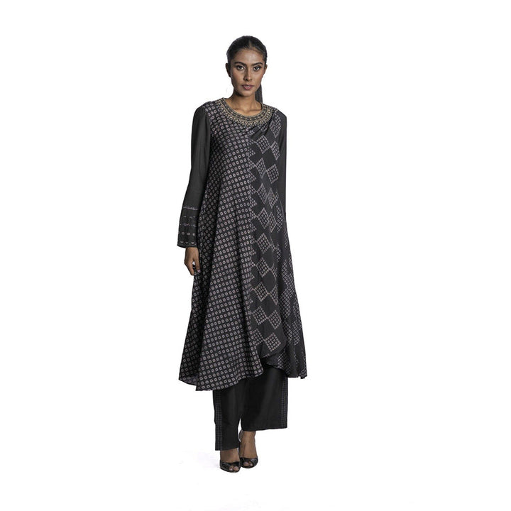 Krishna Mehta Black Chanderi Printed Long Kurta (Set of 2)