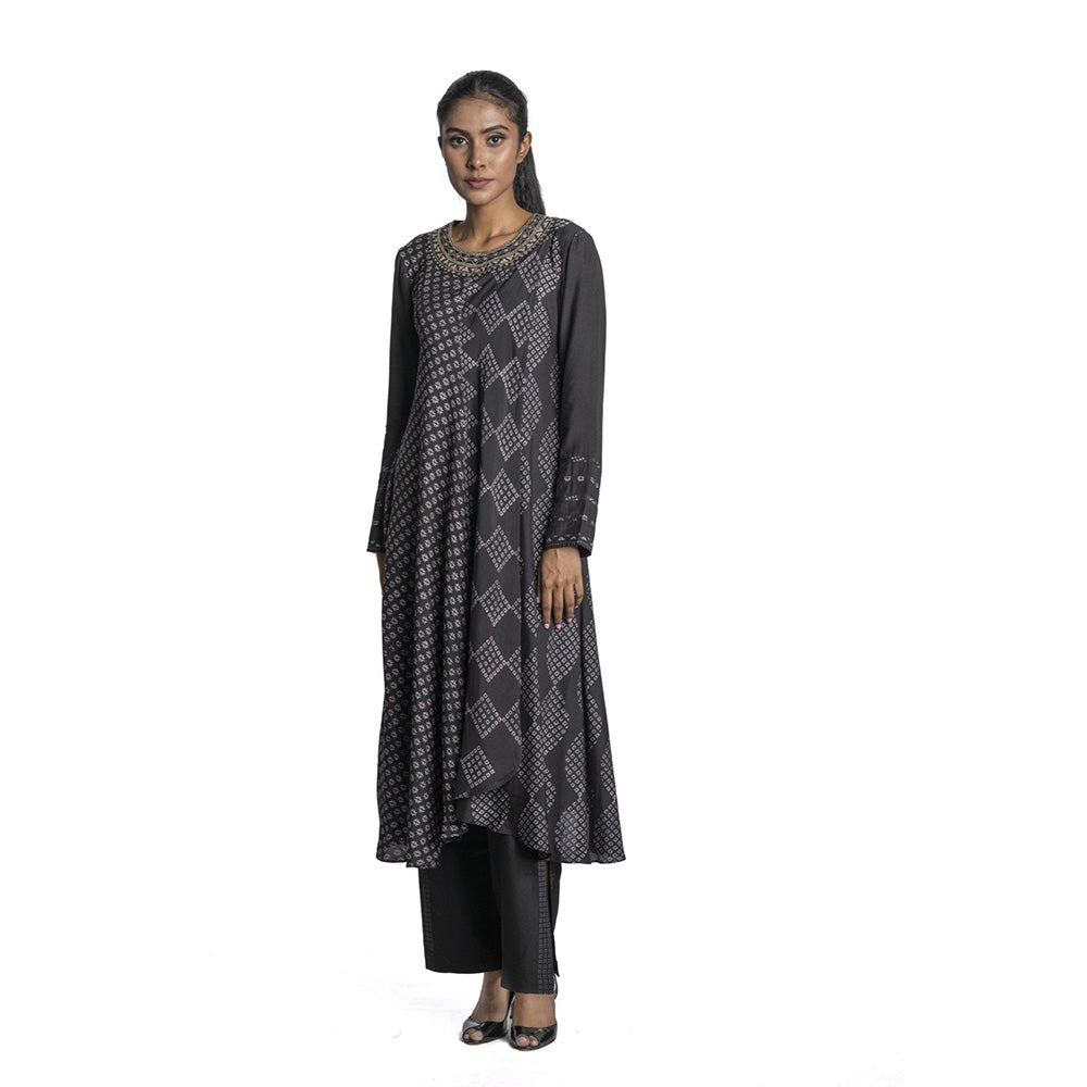 Krishna Mehta Black Chanderi Printed Long Kurta (Set of 2)