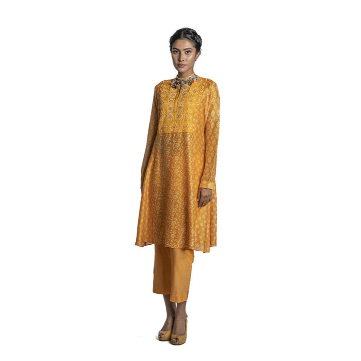 Krishna Mehta Yellow Chanderi Printed Kurta (Set of 2)