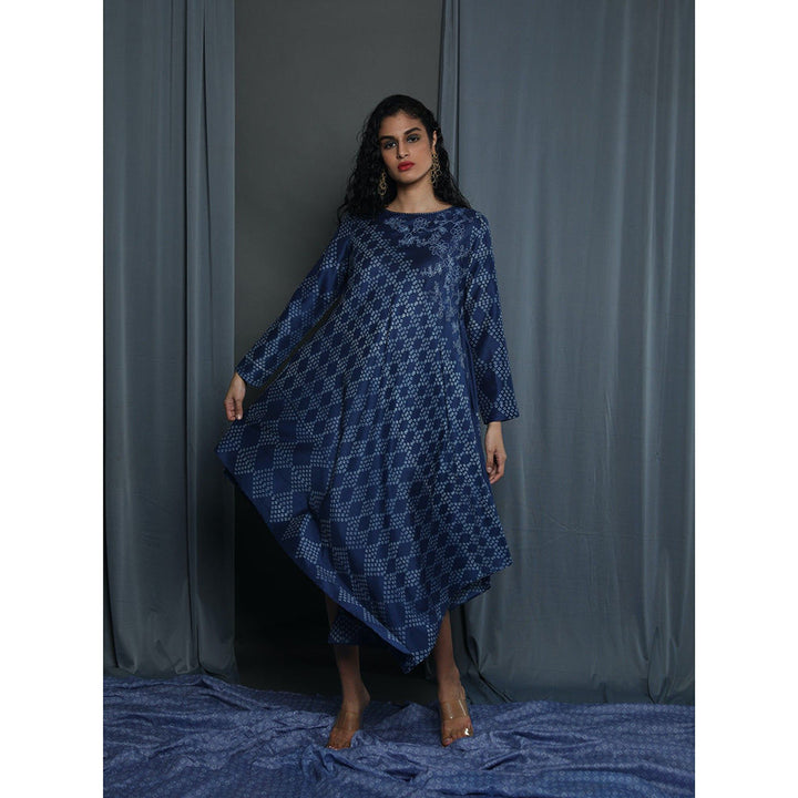 Krishna Mehta Blue Asymetric Printed Midi Dress