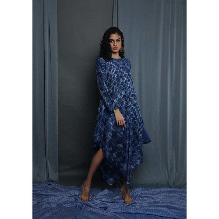 Krishna Mehta Blue Asymetric Printed Midi Dress