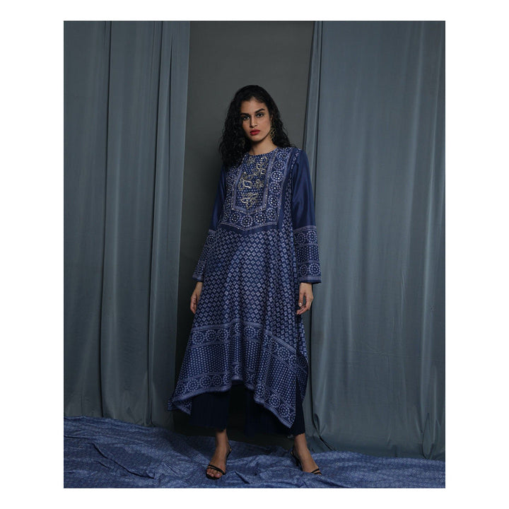 Krishna Mehta Navy Blue Printed Kurta