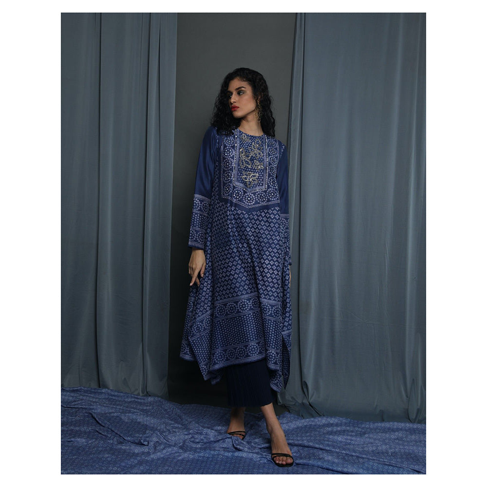 Krishna Mehta Navy Blue Printed Kurta