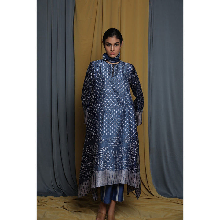 Krishna Mehta Navy Blue Shaded Block Printed Kurta