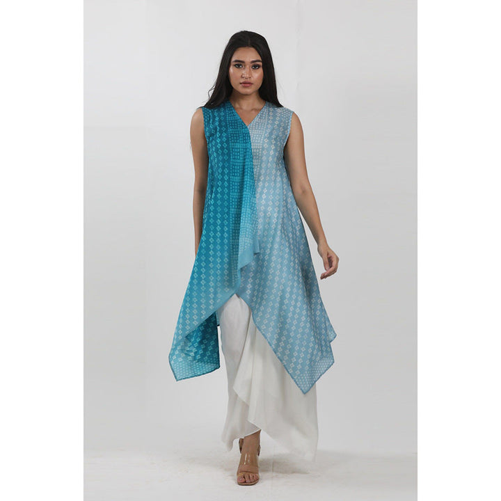 Krishna Mehta Blue Shaded Block Printed Asymmetric Jacket