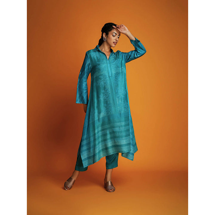 Krishna Mehta Teal Printed Full Sleeves Co-Ord (Set of 2)