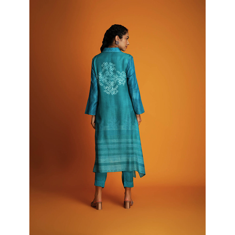 Krishna Mehta Teal Printed Full Sleeves Co-Ord (Set of 2)