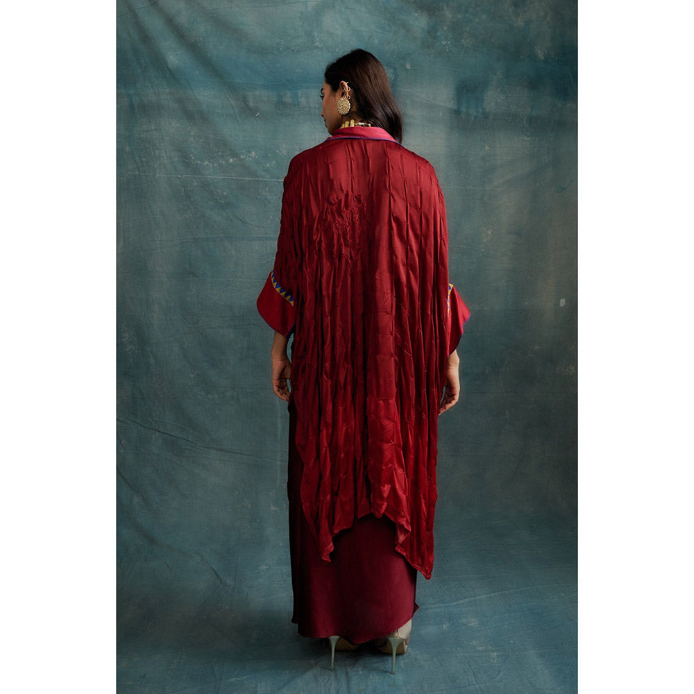 Krishna Mehta Red Knotted Bandhej Embroidered Kaftan and Skirt (Set of 2)