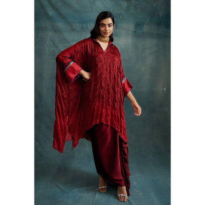 Krishna Mehta Red Knotted Bandhej Embroidered Kaftan and Skirt (Set of 2)