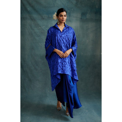 Krishna Mehta Blue Knotted Bandhej Embroidered Kaftan and Skirt (Set of 2)