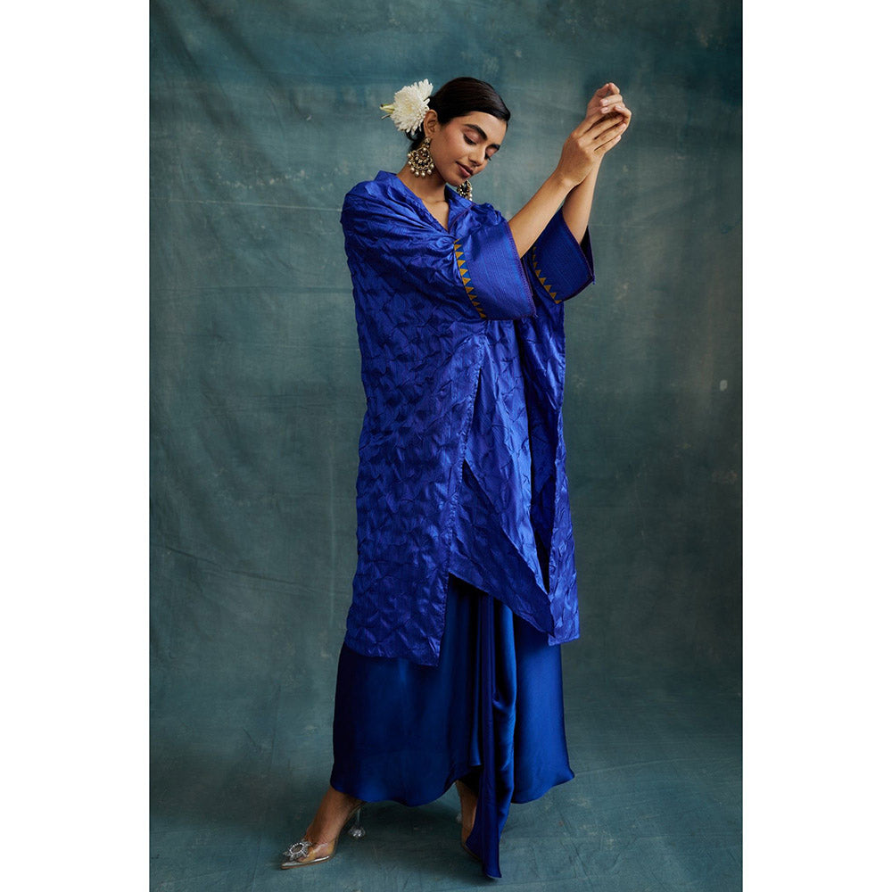 Krishna Mehta Blue Knotted Bandhej Embroidered Kaftan and Skirt (Set of 2)