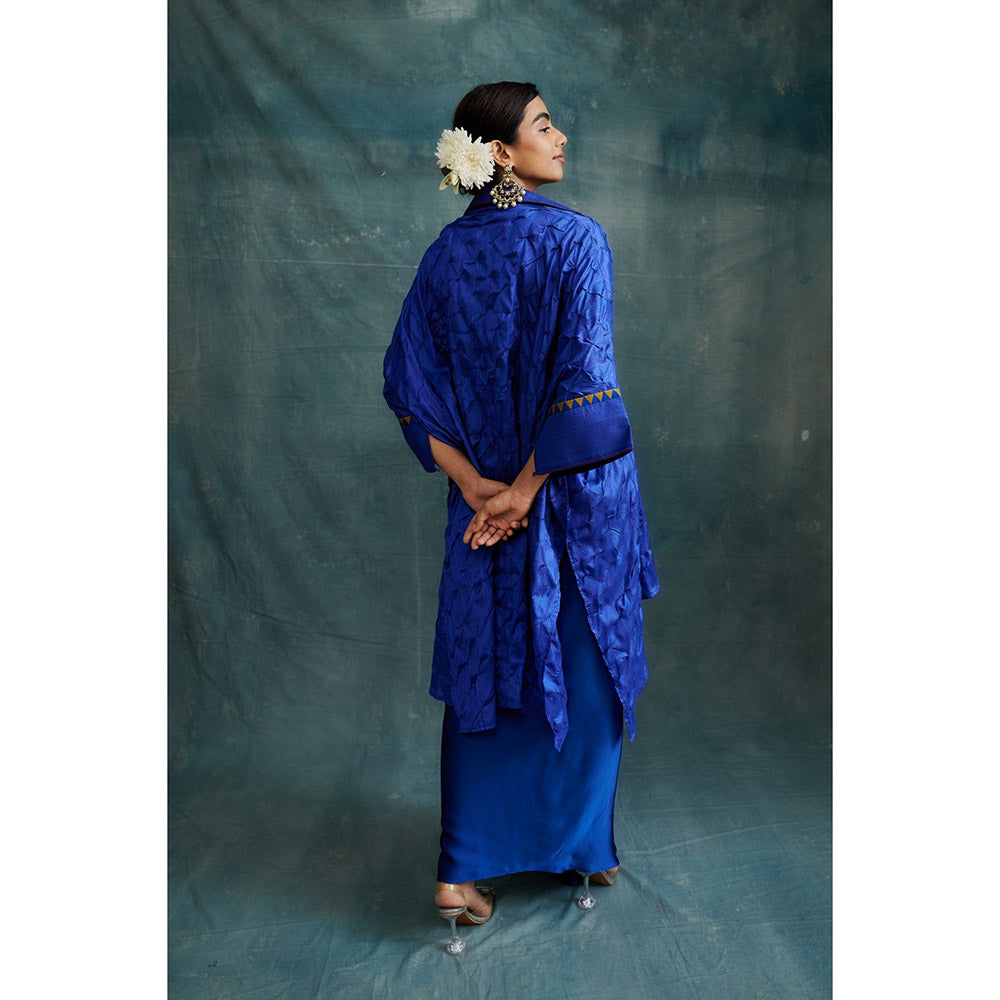 Krishna Mehta Blue Knotted Bandhej Embroidered Kaftan and Skirt (Set of 2)