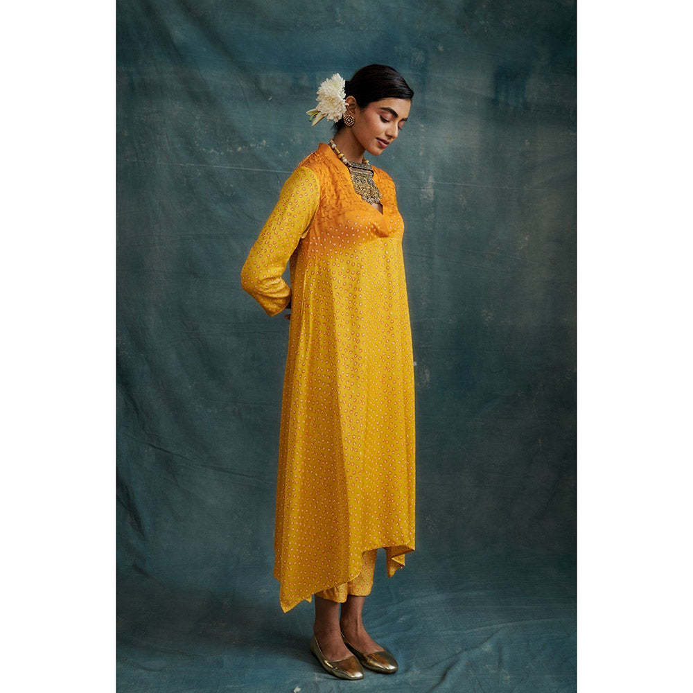 Krishna Mehta Orange Yellow Overlap Block Print V Neck Kurta and Pant (Set of 2)