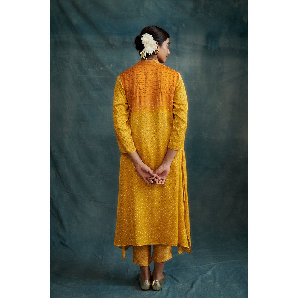 Krishna Mehta Orange Yellow Overlap Block Print V Neck Kurta and Pant (Set of 2)