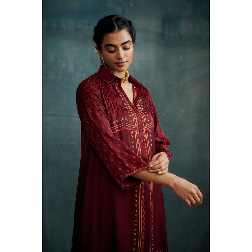 Krishna Mehta Maroon Block Print Collar Neck Kurta