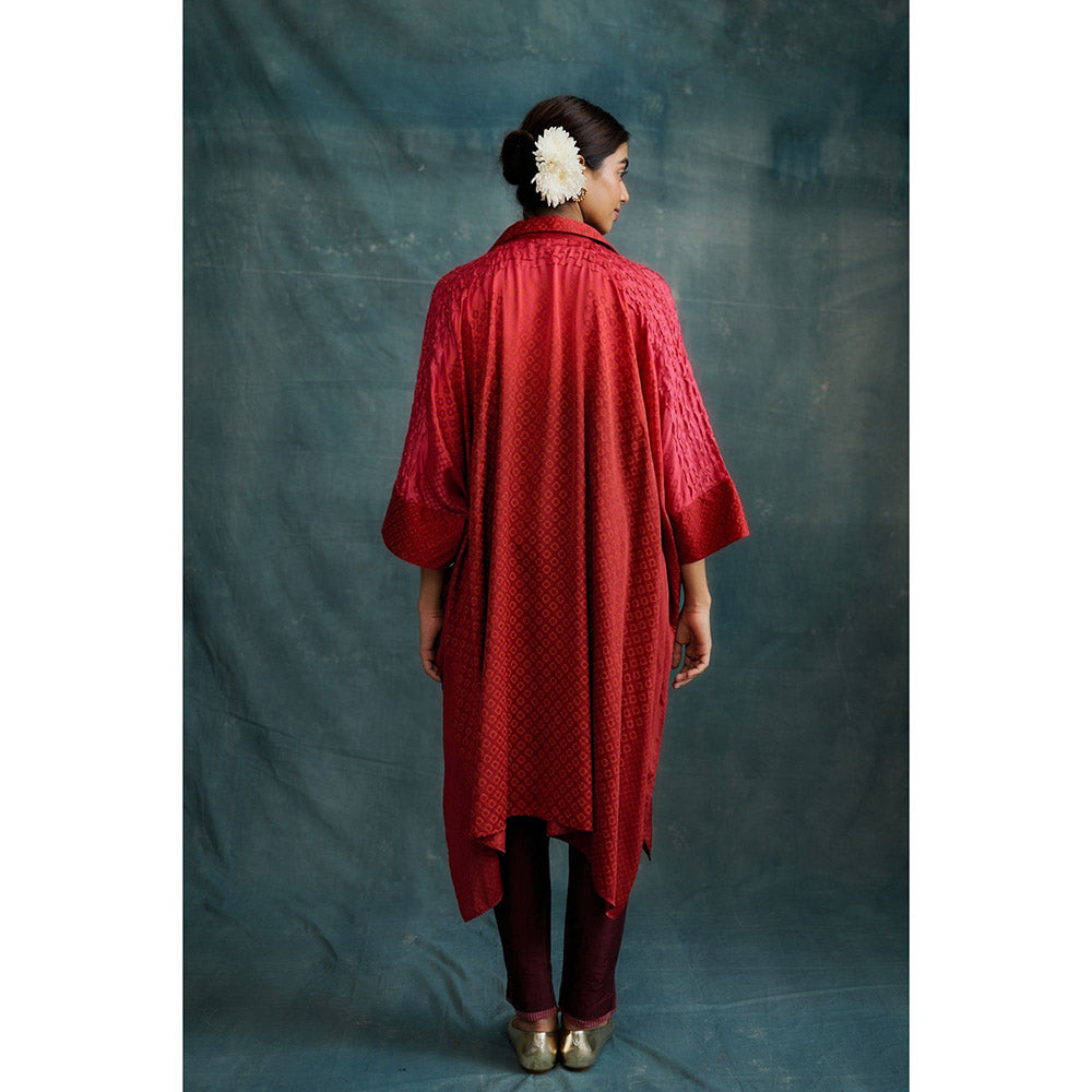 Krishna Mehta Red Embroidered Block Print Kaftan and Pant (Set of 2)