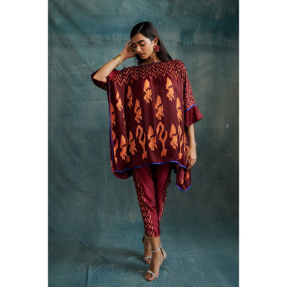 Krishna Mehta Maroon Embroidered Kaftan and Pant (Set of 2)