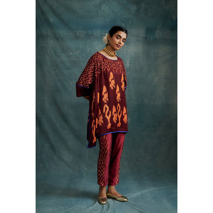 Krishna Mehta Maroon Embroidered Kaftan and Pant (Set of 2)