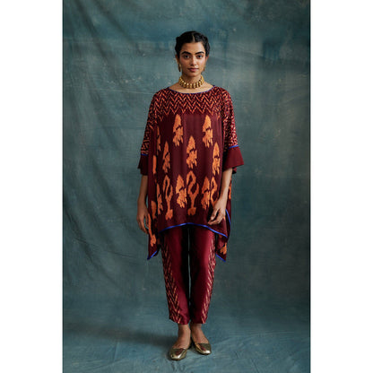 Krishna Mehta Maroon Embroidered Kaftan and Pant (Set of 2)
