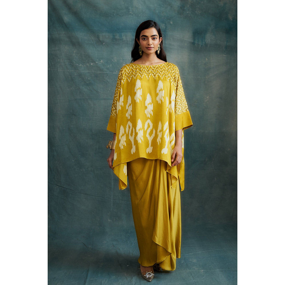 Krishna Mehta Mustard Block Printed Kaftan and Skirt (Set of 2)