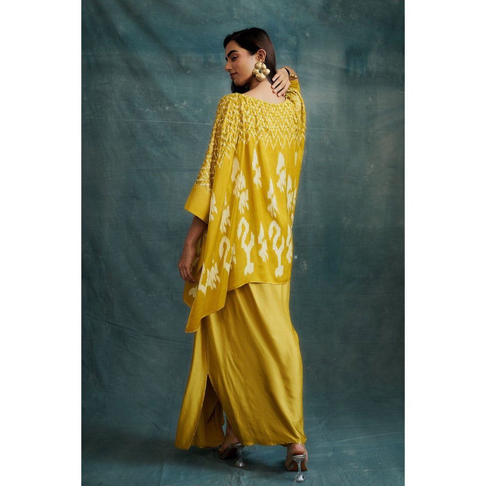 Krishna Mehta Mustard Block Printed Kaftan and Skirt (Set of 2)