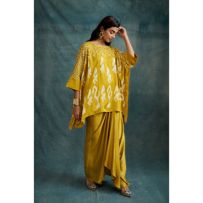 Krishna Mehta Mustard Block Printed Kaftan and Skirt (Set of 2)