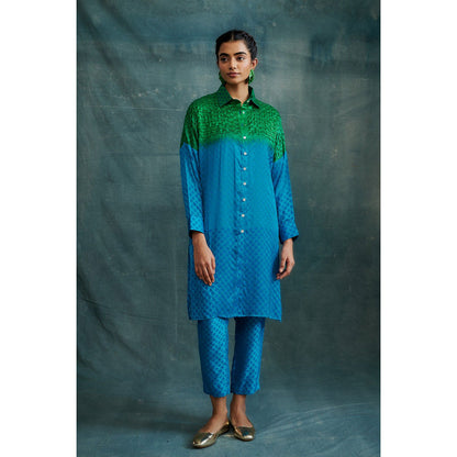 Krishna Mehta Shaded Embroidered Block Printed Shirt Style Kurta and Pant (Set of 2)