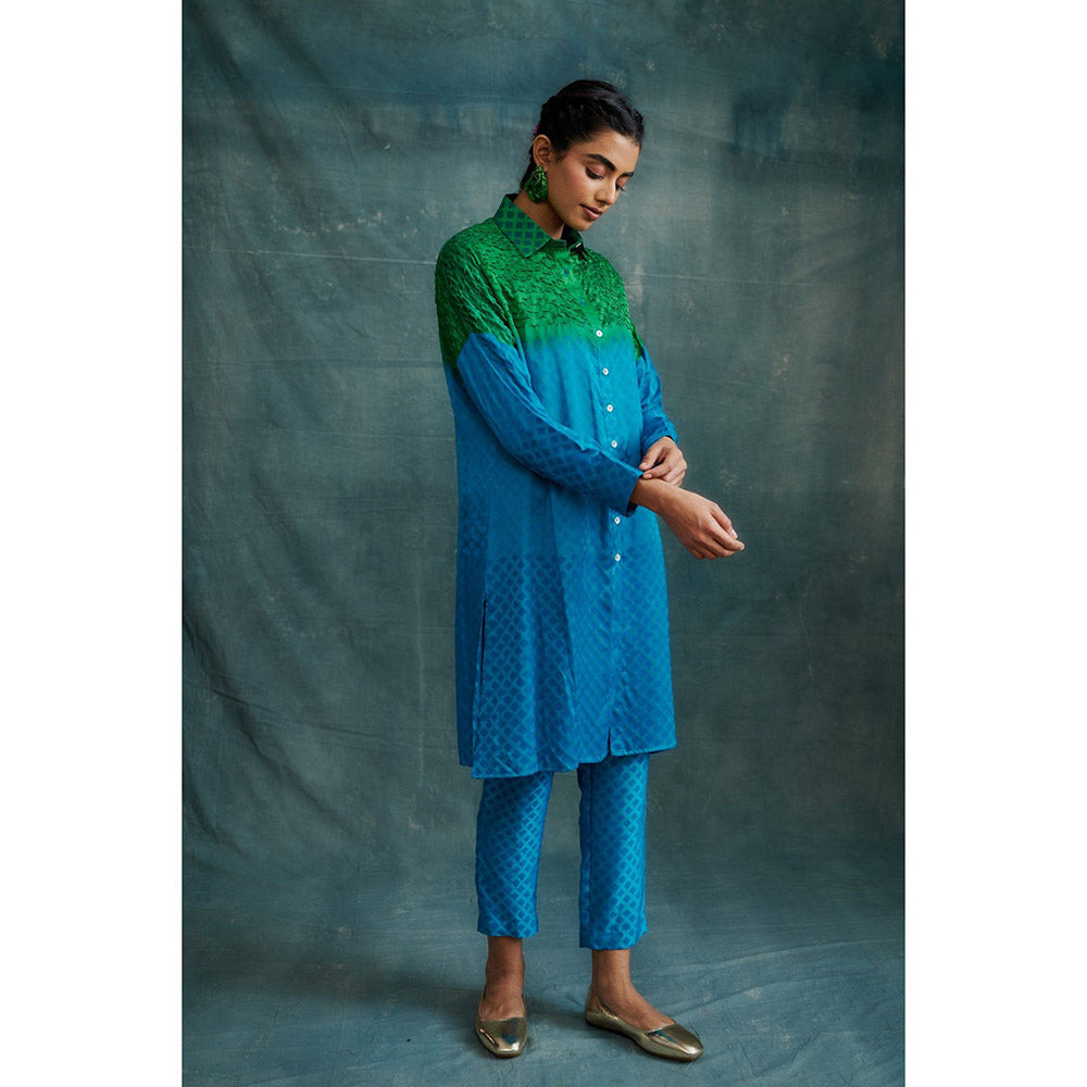 Krishna Mehta Shaded Embroidered Block Printed Shirt Style Kurta and Pant (Set of 2)