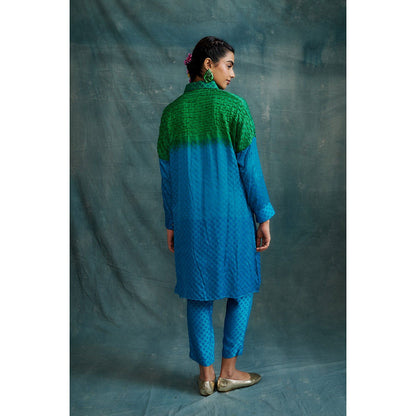 Krishna Mehta Shaded Embroidered Block Printed Shirt Style Kurta and Pant (Set of 2)