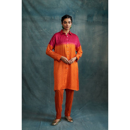 Krishna Mehta Shaded Embroidered Block Printed Shirt Style Kurta and Pant (Set of 2)