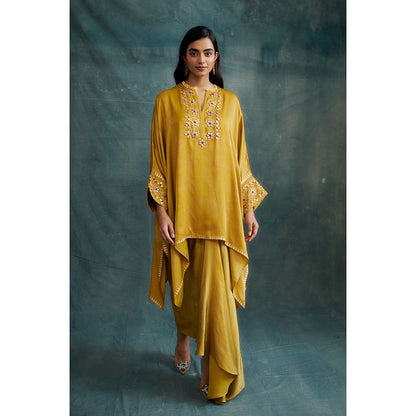 Krishna Mehta Mustard Gota Embroidered Kaftan and Skirt (Set of 2)