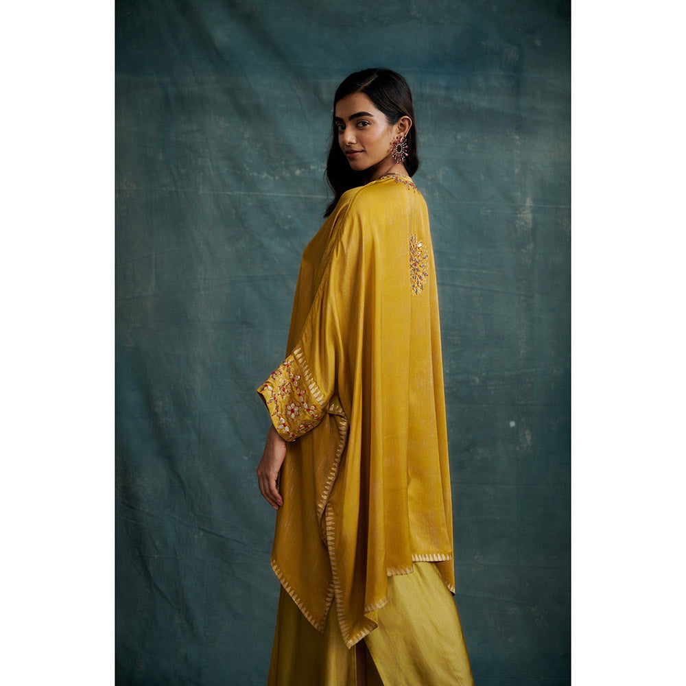 Krishna Mehta Mustard Gota Embroidered Kaftan and Skirt (Set of 2)