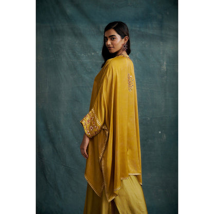 Krishna Mehta Mustard Gota Embroidered Kaftan and Skirt (Set of 2)
