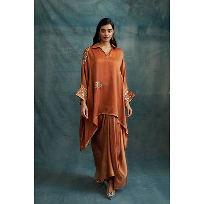 Krishna Mehta Brown Gota Embroidered Kaftan and Skirt (Set of 2)