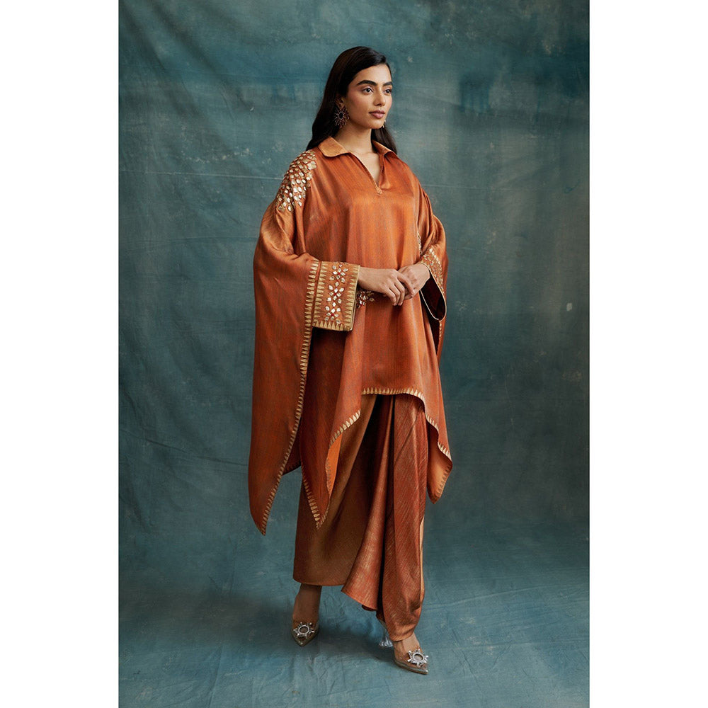 Krishna Mehta Brown Gota Embroidered Kaftan and Skirt (Set of 2)