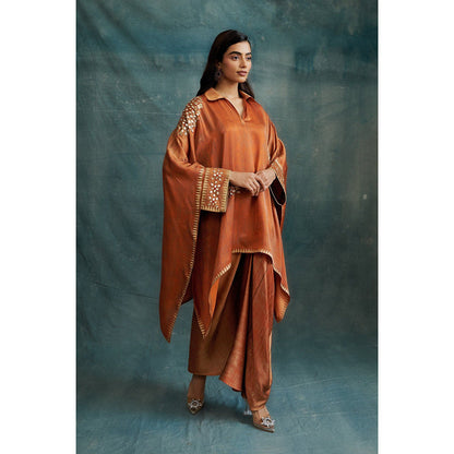 Krishna Mehta Brown Gota Embroidered Kaftan and Skirt (Set of 2)