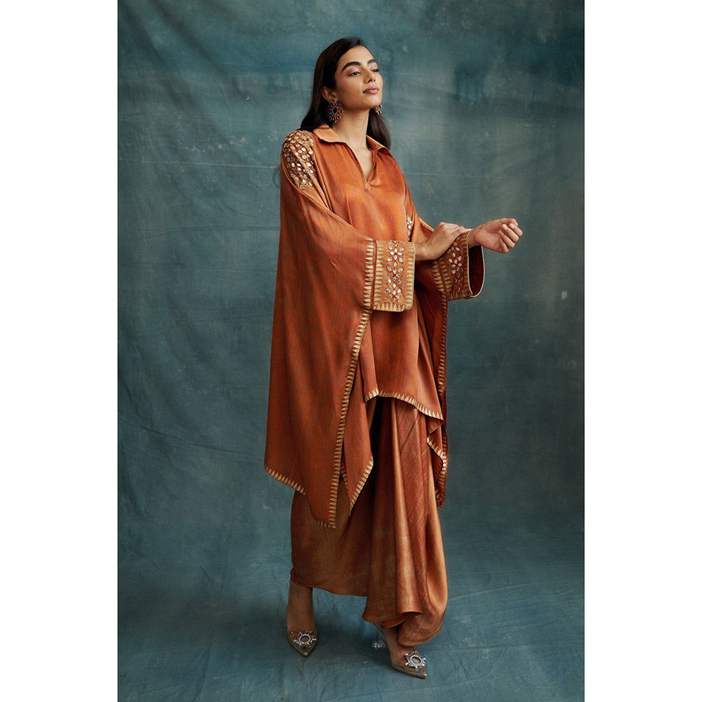 Krishna Mehta Brown Gota Embroidered Kaftan and Skirt (Set of 2)