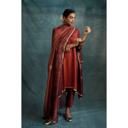 Krishna Mehta Rust Shaded Embroidered Block Printed Kurta and Pant with Dupatta (Set of 3)