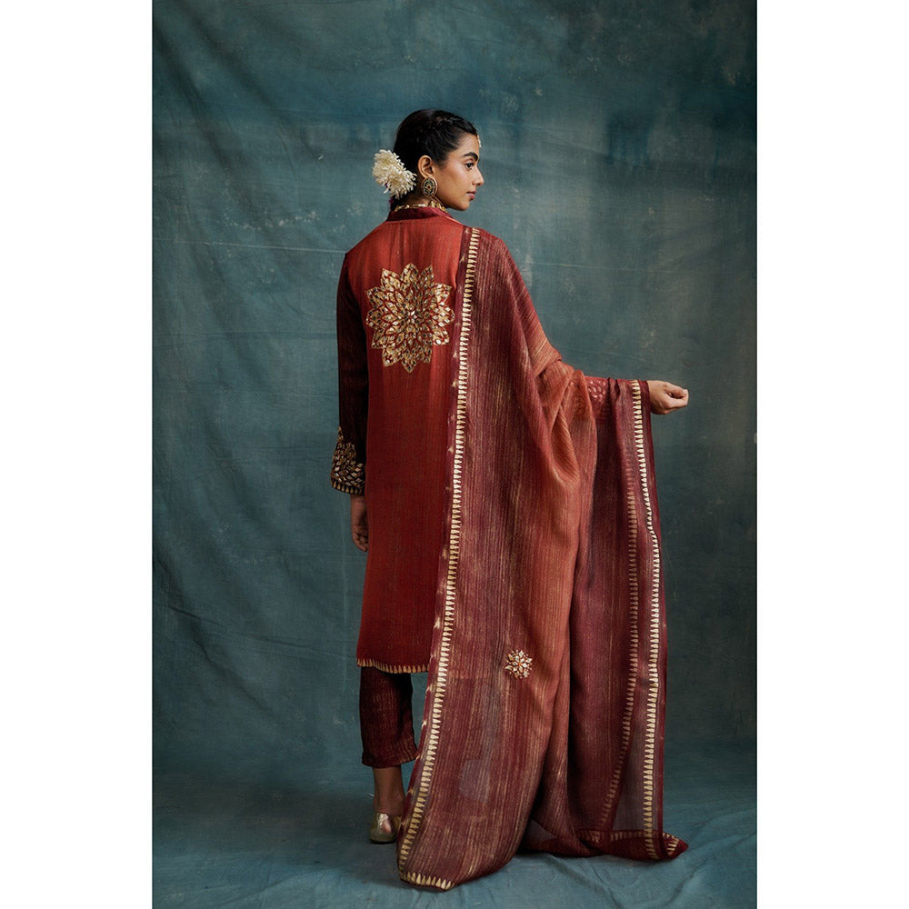 Krishna Mehta Rust Shaded Embroidered Block Printed Kurta and Pant with Dupatta (Set of 3)