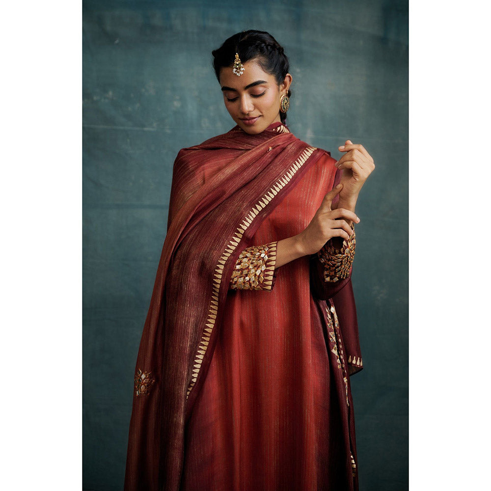 Krishna Mehta Rust Shaded Embroidered Block Printed Kurta and Pant with Dupatta (Set of 3)